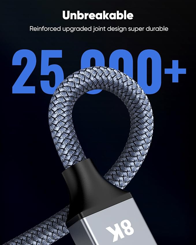 Capshi 30ft 8K 4K@120Hz HDMI Cable 2.1, 48Gbps High Speed Cord for PS5/4, TV, Gaming Console, Monitor, 8K@60Hz, 2K@240Hz, 144Hz, Support HDR, eARC, DTS:X, HDCP 2.2 & 2.3, Braided, Grey