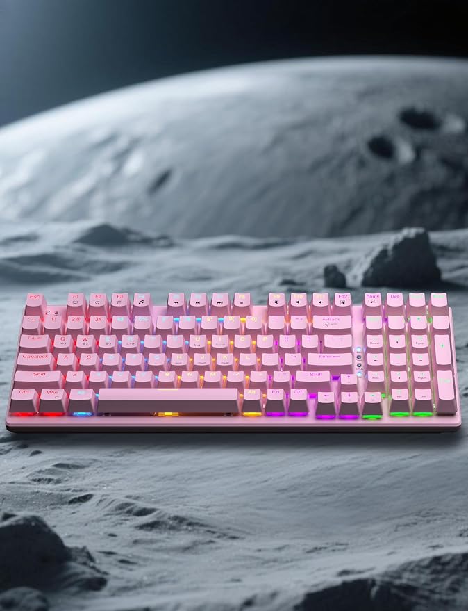 Wireless Mechanical Gaming Keyboard and Mouse Combo, 98 Keys RGB Backlit Rechargeable 2000mAh Battery, 3-Mode BT5.0/2.4G/USB-C (Pink)