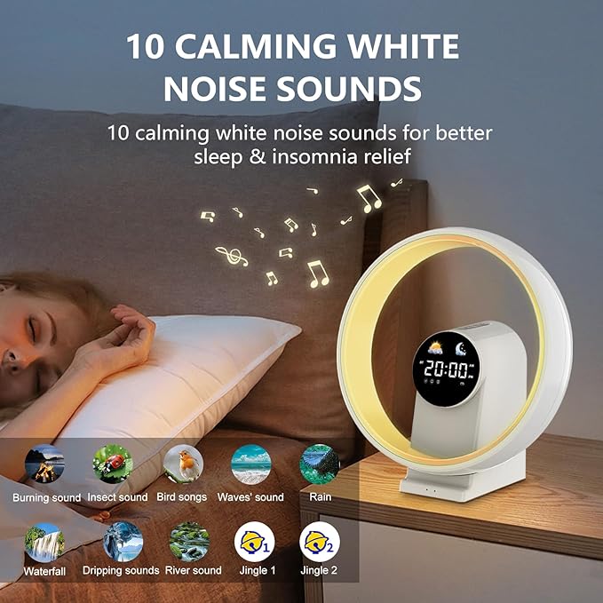Table Lamp Sunrise Alarm Clocks for Heavy Sleepers for Bedrooms, White Noise Sound Machine Adults, Bluetooth Digital Dual Alarm Clock with USB Port, Timer, Dimmer, Room Decor