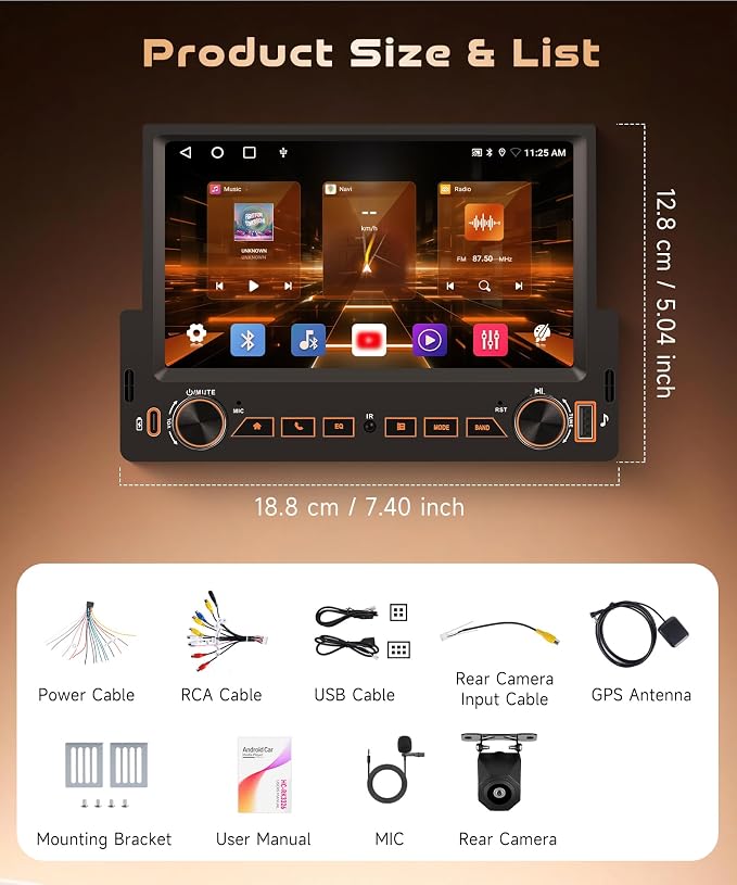 4G+64G Android Single Din Car Stereo, Wireless Carplay Android Auto, 5GWiFi GPS, 1 Din 7 inch Touch Screen Stereo Bluetooth Radio, Backup Camera, FM RDS USB, Type-C Charging