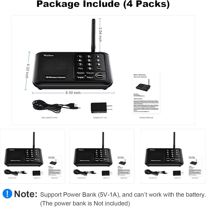 Wireless Intercom System for Home 5280 Feet Range 10 Channel 3 Code, Intercoms Wireless for Home House Business Office, Home Communication System, Room to Room Intercom Wuloo WL666(4 Units Set Black
