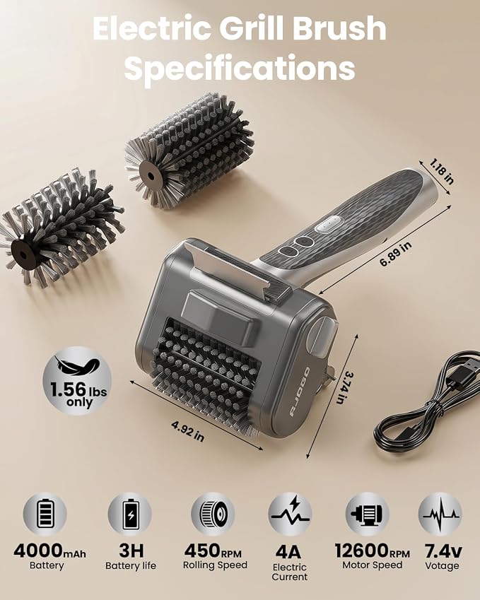 Electric Grill Brush for Outdoor Grill, Cordless BBQ Cleaner with LED Light, Scraper, Dishwasher‑Safe Bristles, 4000 mAh Battery, Rechargeable Power Grill Scrubber (Silver)
