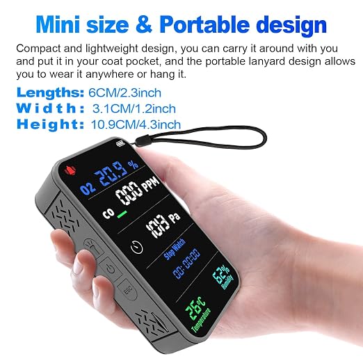 7-in-1 Portable Oxygen Detector for Indoor and Outdoor,288H Standby,O2 Monitor with,O2,Temperature,Humidity,Illumination,Room Oxygen Monitor for Car,RV,Camping,Travel (Gray)
