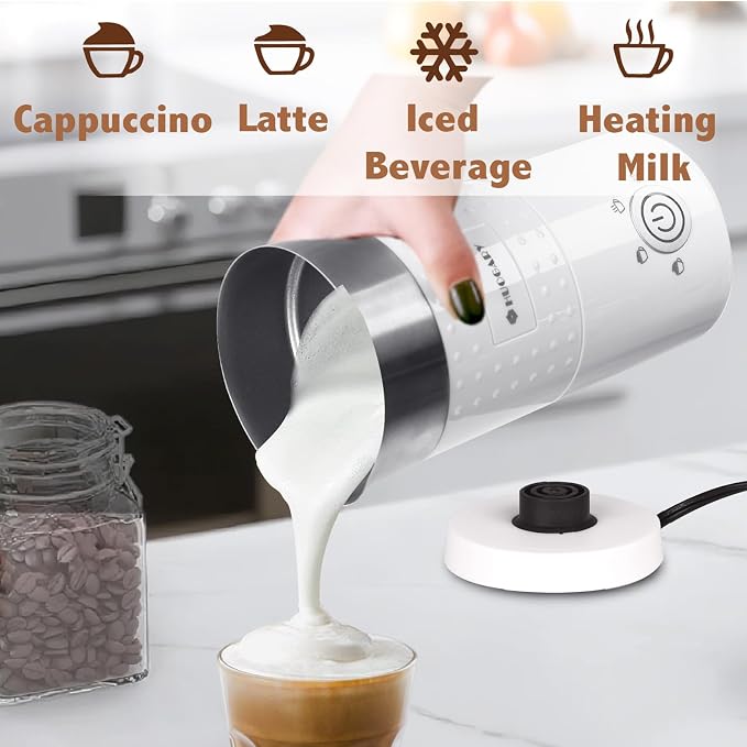 Huogary Electric Milk Frother and Steamer - 4 In 1 Automatic Milk Steamer, 300ml/10.1oz Hot& Cold Foam Maker and Milk Warmer For Latte, Cappuccinos, Macchiato, White