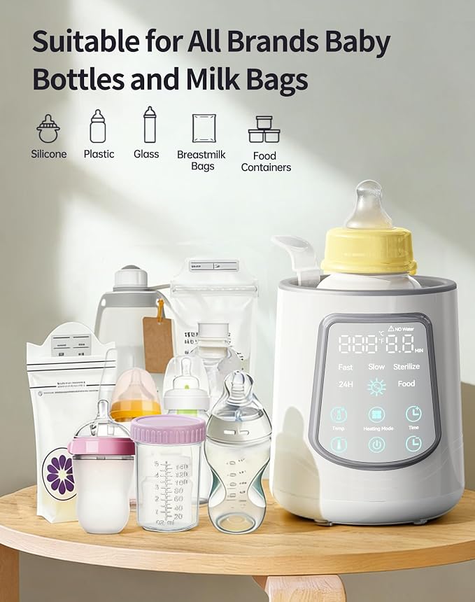 12 in 1 Fast Baby Bottle Warmer with Even Heating No Hot Spots, Night Mode, Sterili-zing, Constant Temp Milk Warmer for Breastmilk & Formula, Fits All Bottles Grey