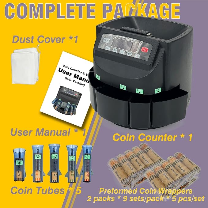 Professional USD Coin Counter and Sorter with LCD Display,Coin Sorter Machine for USD Coin 1¢5¢10¢25¢$1, 2000-coin Capacity,300 Coins/min,Automatic Change Counter,5 Bins,5 Tubes (+96 Wrappers+Cover)