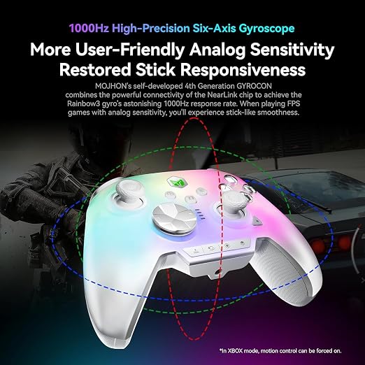 MOJHON Rainbow 3 Wireless Controller 2000Hz Polling Rate Capacitive Joystick 16 Mechanical Keys 14 Custom RGB Lights 6-Axis Gyro Sensor Switchable Hall/Micro-switch Trigger 3.5mm Audio Jack Gamepad for PC/Switch2/iOS/Android