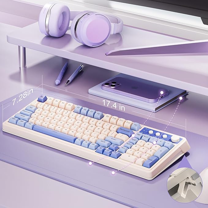 AULA 99 Key Keyboard, Tri-Mode Bluetooth/2.4GHz/USB-C Cute Creamy Gaming Keyboard with Number Pad RGB Backlit, Media Knob Custom Mechanical Feel Computer Keyboards for MAC Xbox PC Gamer - Purple