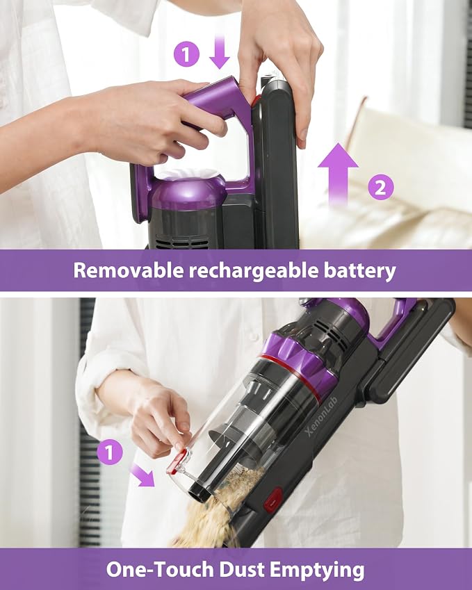 Cordless Vacuum Cleaner, 75Mins/55KPa/650W Freestanding Stick Vacuum Cleaners for Home, Rechargeable, Lightweight, Cone Filtration&Anti-Tangle,Hardwoods, Pet Hair