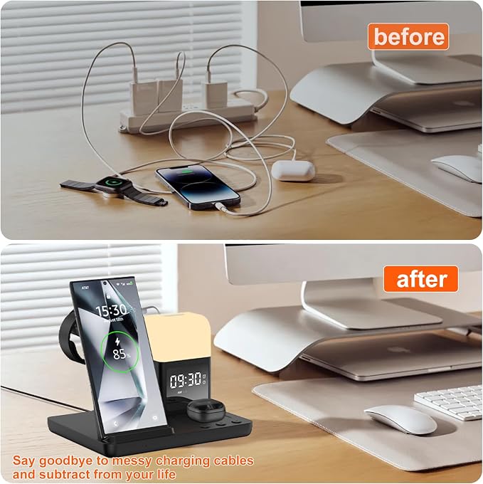 Wireless Charger for Samsung/Android Charging Station, 6 in 1 Fast Watch Charger with Alarm Clock-Night Light, Compatible for Galaxy S25 Ultra/S24, Only for Samsung Watch8/7, Galaxy Buds3 Pro(Jet)