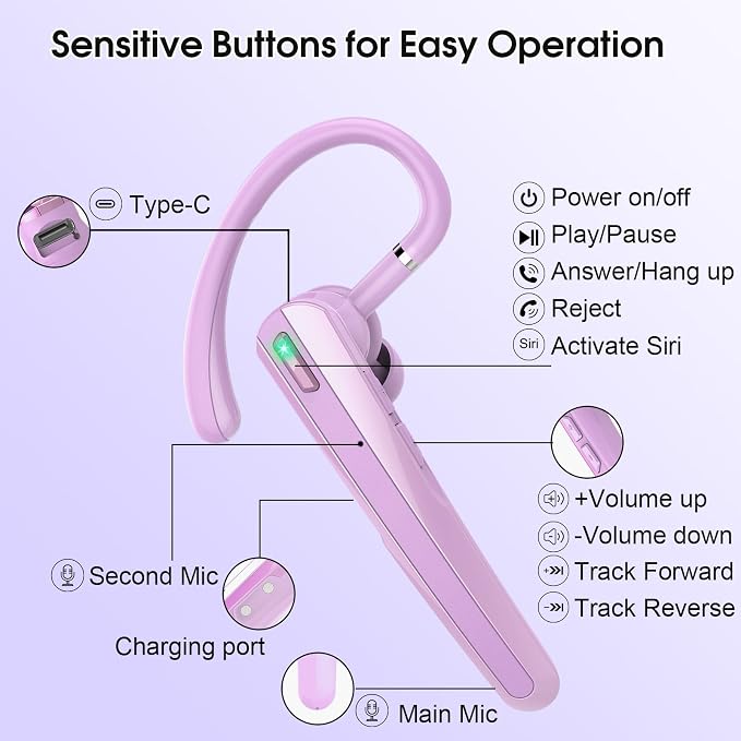 Bluetooth Headset V5.3, Wireless Headset with ENC Noise Canceling Mic, 120Hrs Talk Single-Ear Bluetooth Earpiece, LED Display, IP7 Waterproof Hand-Free Earphone for Business/Trucker/Driver, Purple