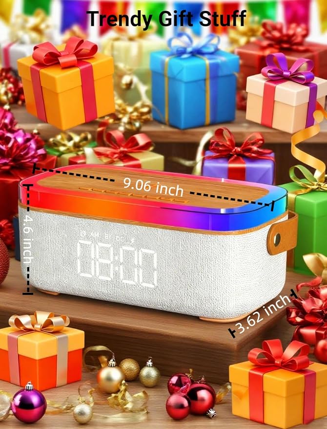 4-in-1 Alarm Clock Bedrooms for Heavy Sleeper, Bluetooth Clock Sync with Phone, Portable Bluetooth Speaker, 15W Wireless Charging Station, Ambient Mood Night Light, Trendy Gift Room Decor