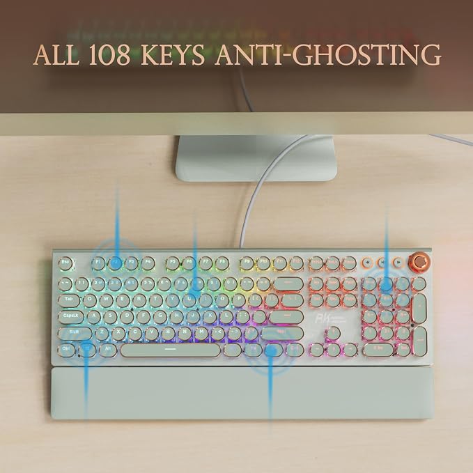 RK ROYAL KLUDGE X108 Typewriter Style Mechanical Keyboard, Wired Gaming Keyboard 108 Keys RGB Backlit Sidelight, Detachable Wrist Rest, Volume Knob, Retro Round Keycaps Blue Switches - Green