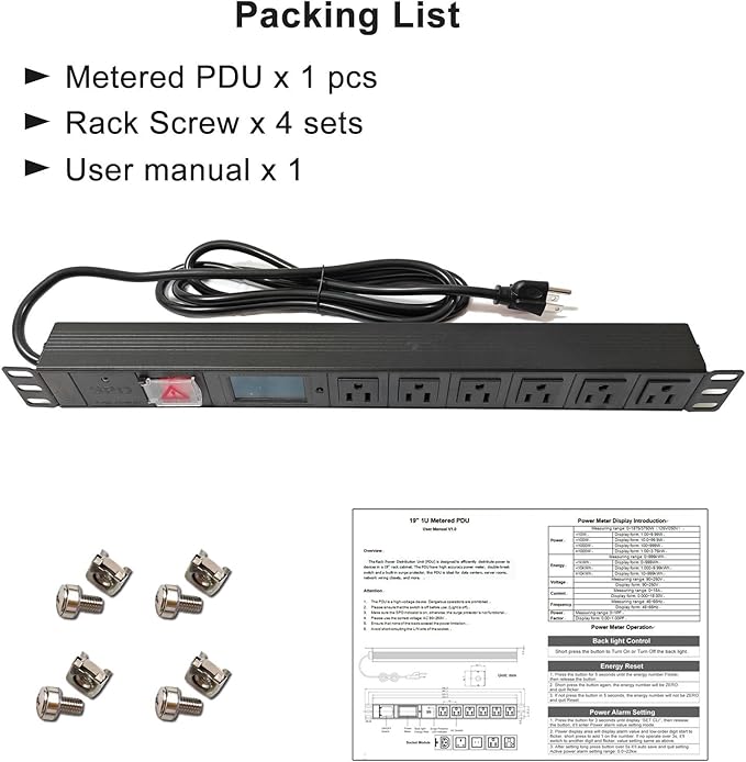 19 Inch Metered PDU Rack Mount Power Distribution Units 6 NEMA 5-15R Outlets PDU, 125-250V 15A 1U Rackmount Surge Protector Power Strip with OLED Screen Amp Voltage Power Display