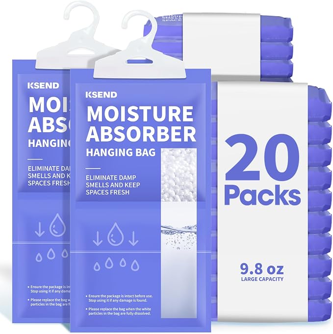 Ksend Moisture Absorbers 20 Pack, 9.8 Oz Compact Dehumidifier Bags & Packs, Moisture Hanging Bag, Humidity Absorbers, Closet Deodorizer Against Musty Odors, 11.8" x 6.3"