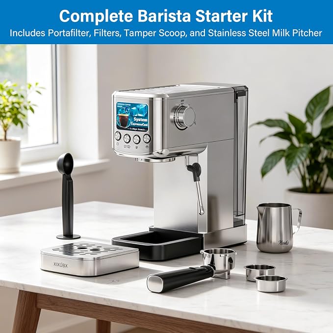 XIXUBX 20 Bar Espresso & Cold Brew Coffee Maker with Milk Frother, 42oz Removable Tank, Stainless Steel, Perfect for Cappuccino, Latte, Home & Office, Silver