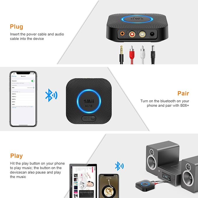 1Mii B06+ Bluetooth Receiver, Hi-Fi Wireless Audio Adapter, Bluetooth 5.3 Receiver with 3D Surround aptX HD aptX Low Latency for Home Music Streaming Stereo System
