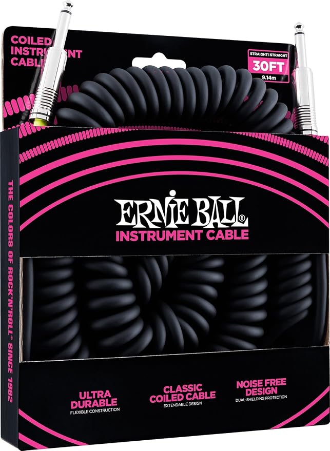 Ernie Ball Coiled Instrument Cable, Straight/Straight, 30ft, Black (P06044)