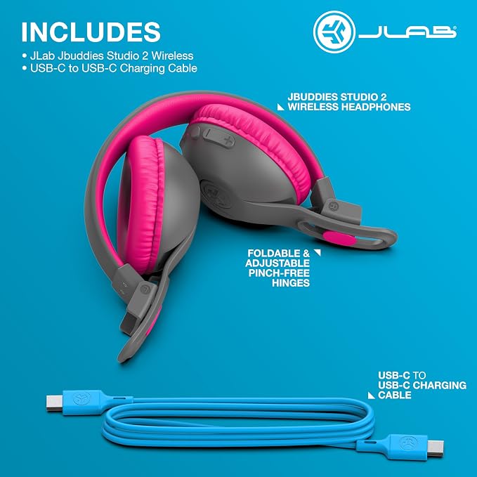 JLab, JBuddies Studio 2, Kids Headphones, Wireless Bluetooth On Ear, Volume Limiting, Foldable, Grey/Pink