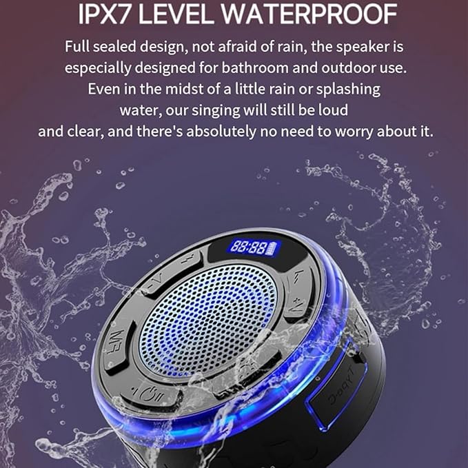 IPX7 Waterproof Shower Speaker with Colorful RGB Lights & LED Display, Detachable Suction Cup, 360° Balanced Sound - Perfect for Bath, Pool, Party & Outdoor (Black)