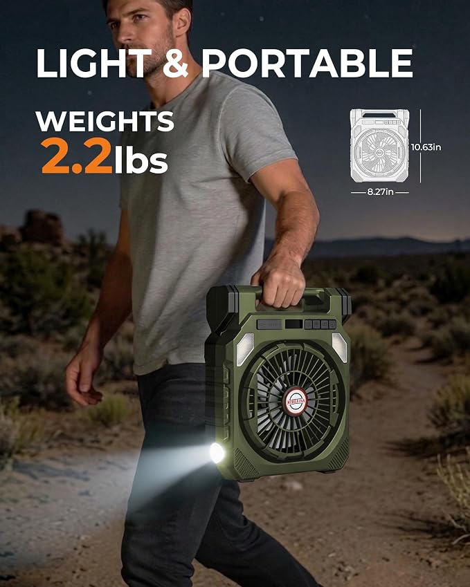 22000mAh Camping fan with Dual Solar Panel, 10" Rechargeable Solar Powered Fans with LED Light and Arc Flashlight for Outside, 180° Swivel Oscillating Battery Operated Tent Cooler for Picnic, Fishing