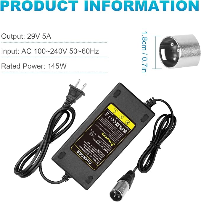29V 5A 3-Pin Male XLR Charger for 24V Battery for Pride Mobility, Jazzy Power Chair, Lakematic,Golden Technologies, ShopRider Rascal,Drive Medical,24BC5000TF-1 Go-Go Elite Traveller