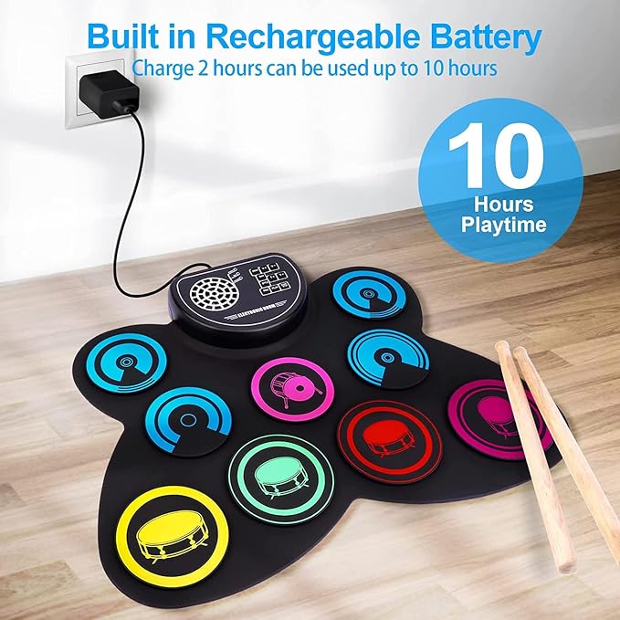 Electric Drum Set, 9 Drum Practice Pad, Roll-up Electronic Drum Pad with Headphone Jack Built-in Speaker Drum Sticks Foot Pedals, Gift for Kids