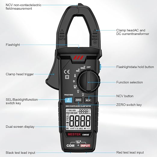 MESTEK Digital Clamp Meter Multimeter, TRMS 6000 Counts 600A Current Amp Volt Meter, Auto-Ranging Voltage Tester Measures AC DC Current Voltage Resistance Capacitance Temperature Diodes Continuity NCV