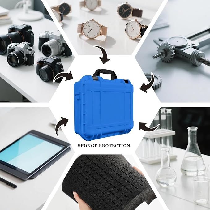 Relaxweex 1 Pcs Waterproof Hard Case with DIY Customizable Foam Insert Portable Protective Case with Knife for Camera Drones Equipments Tools Test Instruments(Blue,14.3 x 11.4 x 4.5 Inch)