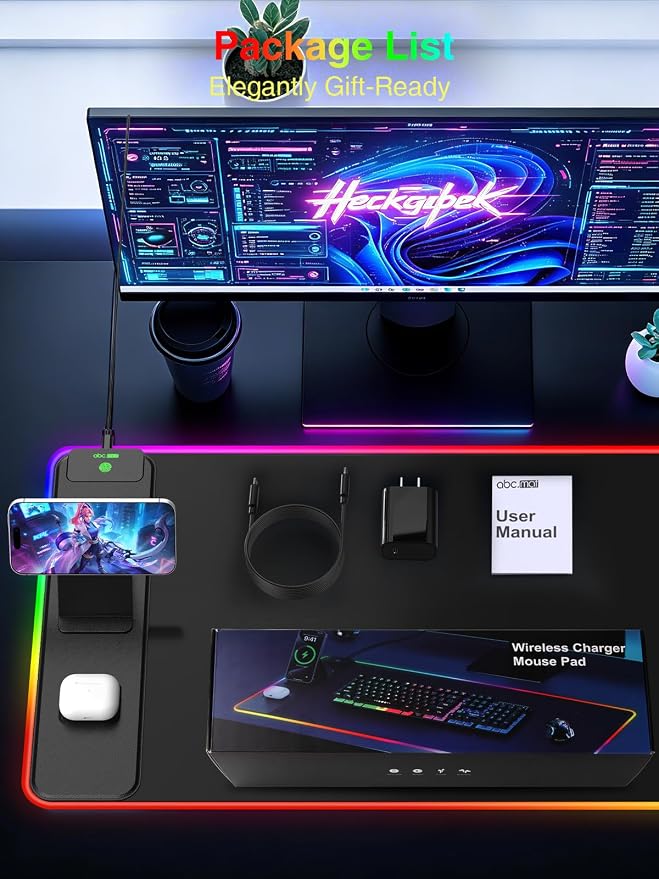 RGB Gaming Mouse Pad with Magnetic Wireless Charging & Phone Stand, 31.5"x15.8" Large, 25 Light Effects, Non-Slip Base, Waterproof Ultra-Smooth Surface, with Adapter