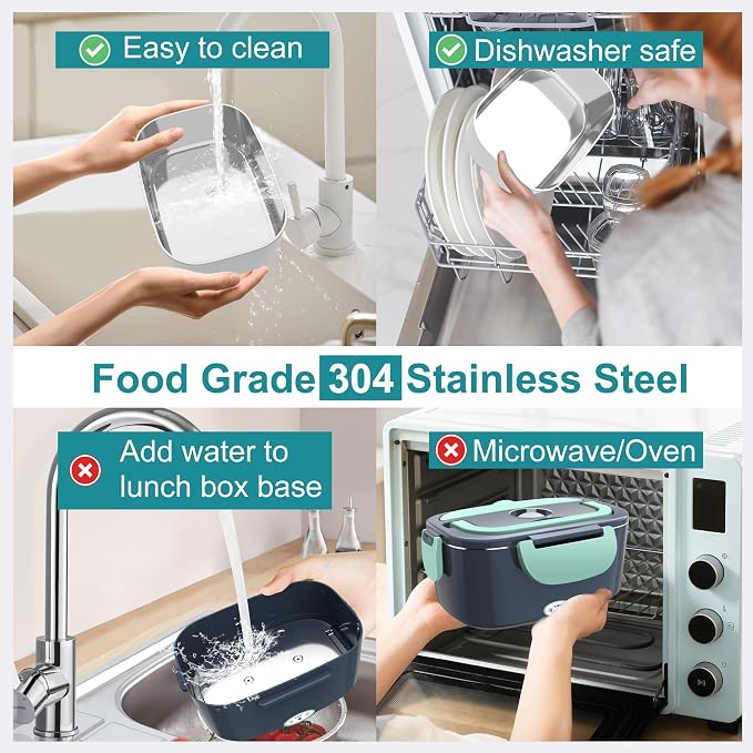 Electric Heated Lunch Boxes Adults: 80W Electric Lunch Box Food Heated 12/24/110V 1.5L Heatable Lunch Box for Car/Truck/Office Leak-Proof Stainless Steel Container, Fork & Spoon, Bag (Grey+Green)