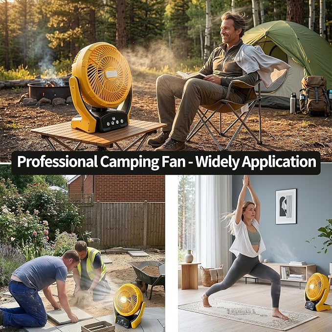 Battery Operated Camp Fan Compatible with Dewalt 20V Max Battery, Cordless 6 Speeds Wind Camping Rechargeable Fan with LED Lantern/AC Adapter for Outdoor, Beach, Patio, Tent(Battery No Included)