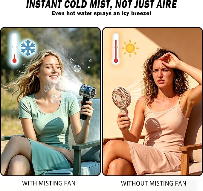 Portable Misting Fan, Handheld Rechargeable Fan with Water Mist, Personal Mini Turbo Fan with 1-100 High Speeds (20000 RPM), LED Light for Music Festival, Summer Trip Must-Haves, Black