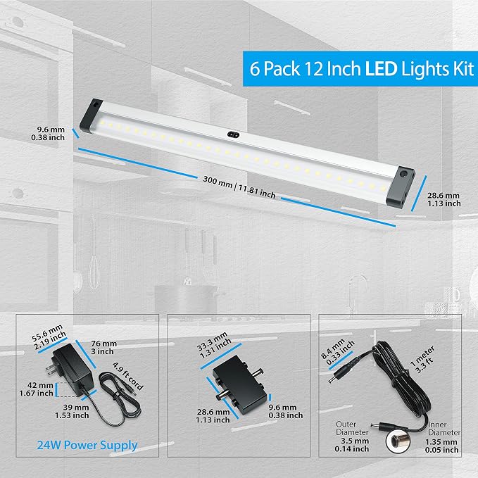 EShine Hand Wave Activated Under Cabinet LED Lighting Kit, Dimmable, 6-Pack 12 in - Touchless Dimming Control, Black Under Counter Lights for Kitchen, Garage, Office, Shelf - Warm White (3000K)