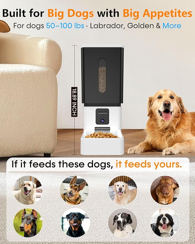 Large Breed Automatic Dog Feeder with 1080P HD Camera: 12L/50 Cups 20-Day Food Capacity for Busy Pet Owners - Anti-Clog 0.78inch Wide Outlet for Large Kibble
