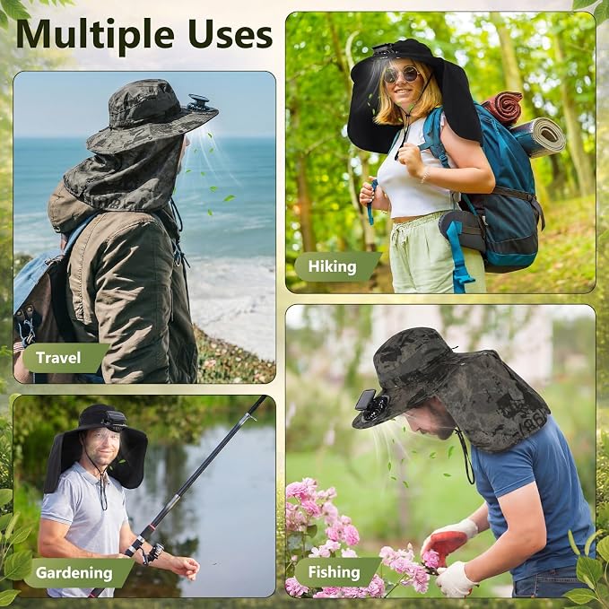 Maiteenly 2 Pcs Solar Fan Hat for Men with Neck Flap Bucket Fan Buit in Hats for Hiking Fishing Outdoor USB and Solar Powered