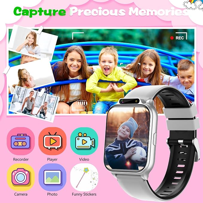 Smart Watch for Kids, 1.85" Fitness Tracker with Heart Rate, Sleep Monitor, IP68 Waterproof Smartwatches with Video Music, Pedometer, Game, NO APP/Phone, Gift for Boys Girls. (Classic, Silver)