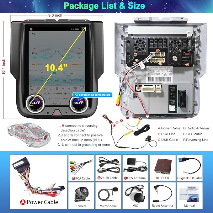 for Dodge Ram 1500/2500/3500 Manual AC Android 13 Car Radio 8-core, 10.4 Inch IPS Touch Screen Car Stereo with Wireless Carplay/Android Auto,GPS, WiFi, Bluetooth, FM, DVR