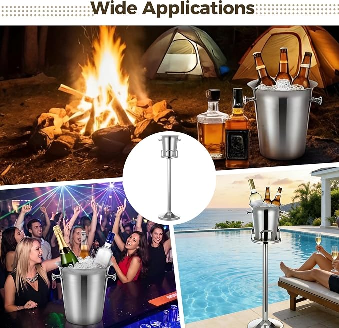 1.32 Gal Stainless Steel Ice Bucket with Stand, Silver Bucket with Weighted Base, European Wine Chiller On Stand for Parties, Weddings, Events, 36.14 x 9.84 in