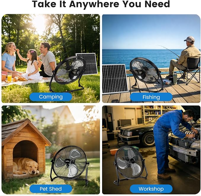 18'' Solar Powered Fan with 35W Solar Panel, Rechargeable Battery Operated Floor Fan with 23FT Cable, Cordless Portable Outdoor Fans for Home, Camping, Chicken Coop, Greenhouse, Power Outages