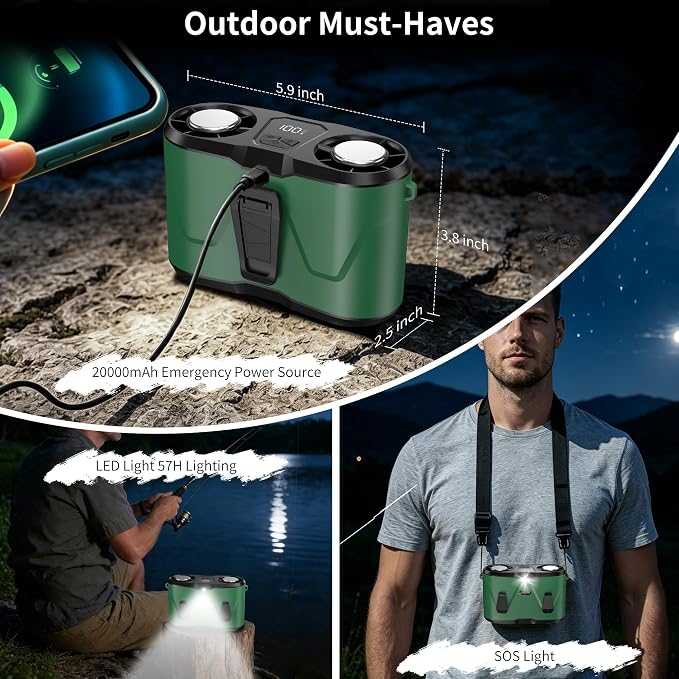 20000mAh Wearable Waist Fan, USB Rechargeable Personal Fan with 10 Wind Speeds, Dual Motors Portable Clip On Fan, Hands Free Cooling Fan for Outdoor Working Camping Travel (Green)