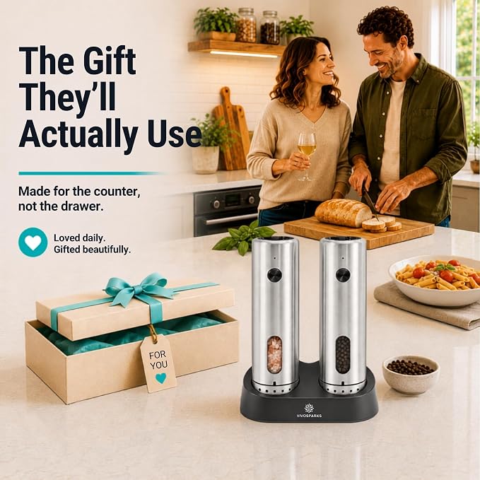 Rechargeable Electric Salt and Pepper Grinder Set of 2 with Charging Base, Automatic One-Hand Pepper Mill, Top-Fill 3.7 oz, 6 Coarseness Levels, Stainless Steel, USB-C with LED