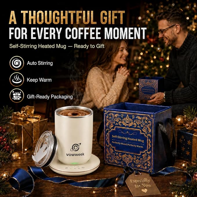 Self Stirring Heated Coffee Mug, 10 oz Auto Magnetic Mixing Cup, White | 304 stainless steel interior. Includes 3 heat settings, 8H auto shut-off, plug-in base for home office desk