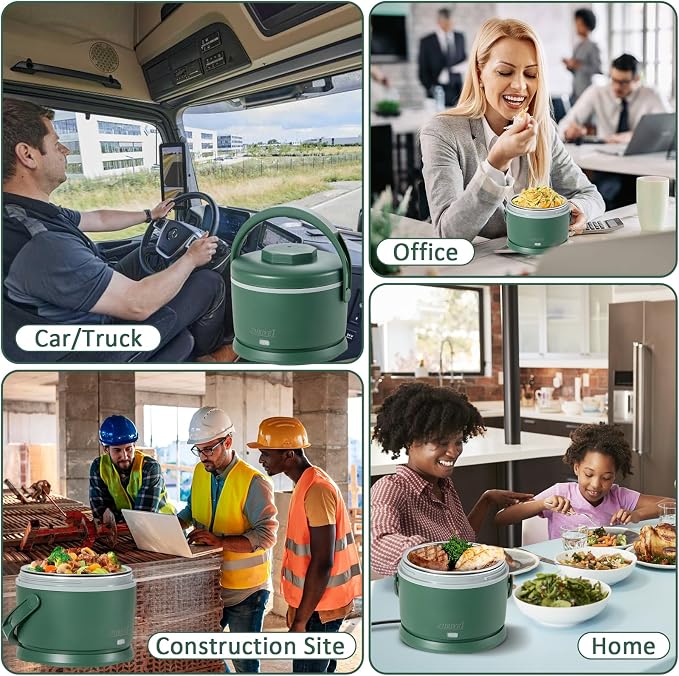 Electric Lunch Box for Adults 40 oz Portable Food Warmer 12V/24V/110V/220V Heated Lunch Box for Work, Office, Car, Travel, Home Use (Green)