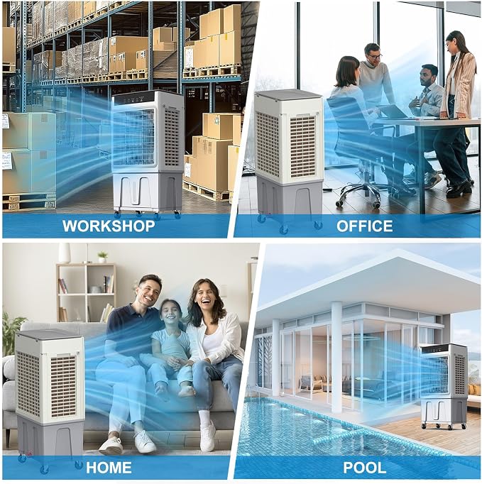 Windowless Swamp Cooler, 3 in 1 Evaporative Portable Air Conditioner with Remote, Cooling Fan Ac Unit,3 Speed, 24H Timer, 5.3 Gal Water Tank, 4 Ice Box for Garage, Patio, Bedroom Home Office Outdoor