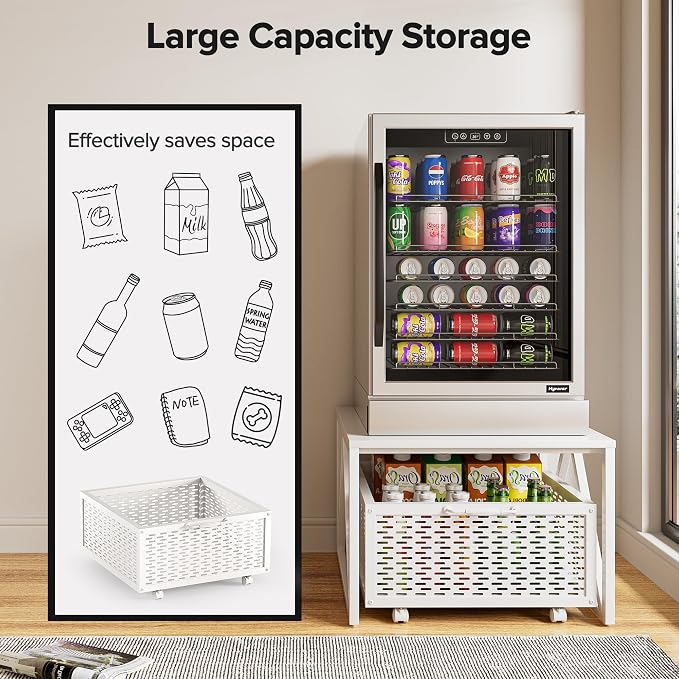 Urban Deco Mini Fridge Stand with Storage, Heavy Duty Fridge Cart with Drawer Basket, Mini Refrigerator Table for 220 LBS, Mobile Fridge Stand with Swivel Wheels for Dorm,Office,Home,White