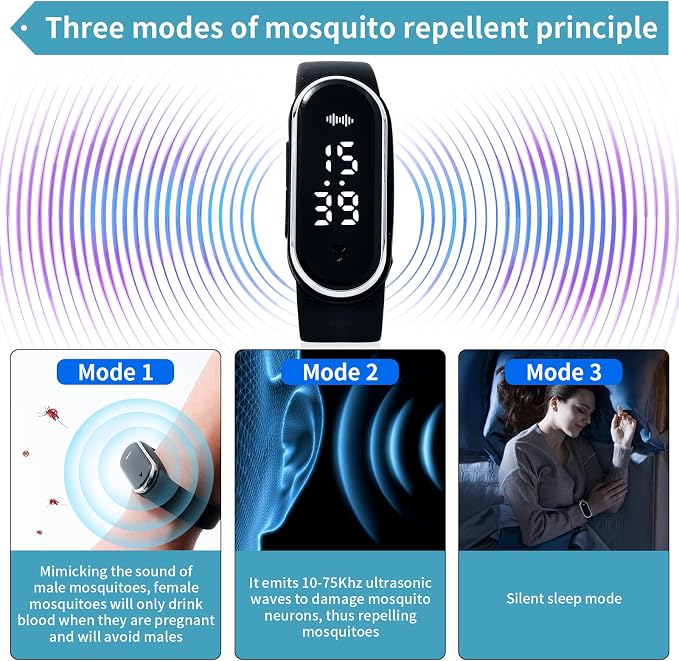 Ultrasonic Mosquito Repellent Bracelets Watch Adjustable Silicone Wristbands Outdoor Bracelets for Kids & Adults Non-Toxic Natural (2Pack M2 Black Watch)