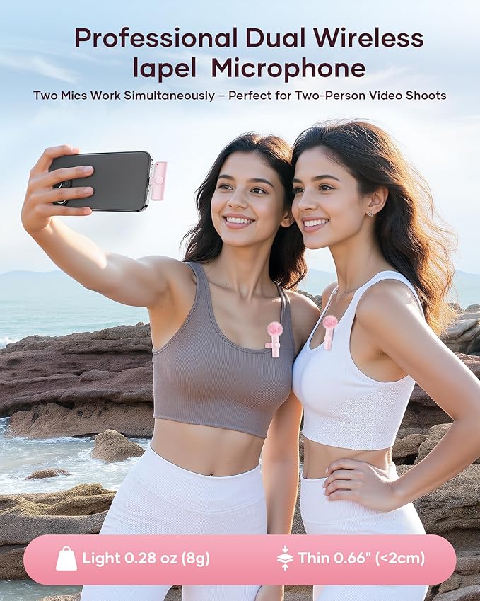 Wireless Microphone for iPhone iPad and Android Phone, 2 Pack Wireless Lavalier Lapel Mic with Noise Reduction, Plug and Play Mini Microphone for Video Recording Interview YouTube TikTok Vlog (Pink)
