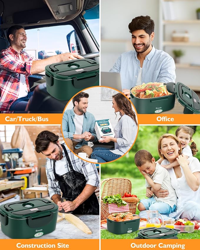 Eocolz Electric Lunch Box Food Heater 80W for Adults, Portable Food Warmer Heated Lunch Box for Car Truck Work with 1.5L Stainless Steel Container Fork & Spoon 12/24/110V Lonchera Eléctrica Portátil