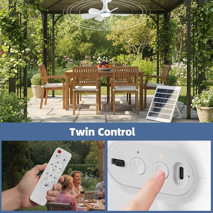 Solar Ceiling Fan Light with Remote, 30000mAh Portable solar lights outdoor with 20W Solar Powered Fan, 3 Speeds, solar fans with Light for Patios, Canopy, Shed, RV, Porch and Chicken Coop